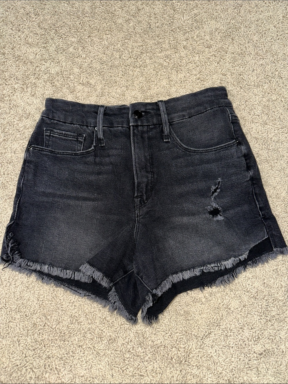 Good American Women's High-Rise Frayed Hem Black Denim Shorts